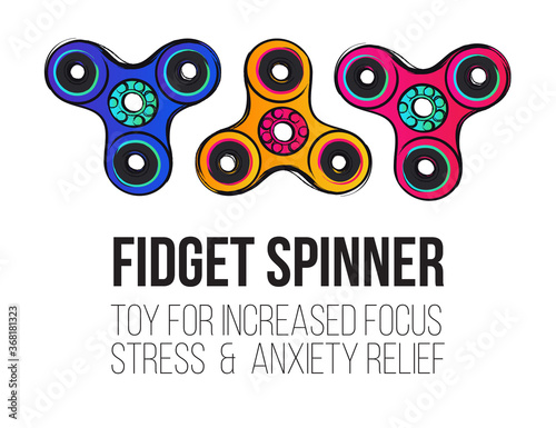 Three spinners and fidget spinner text info. Fidget spinner hand drawn fashion illustration
