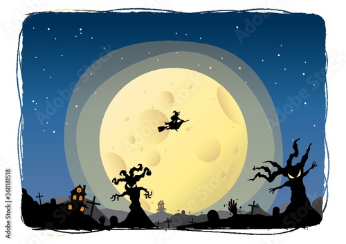 witch flying on a broomstick with a moon