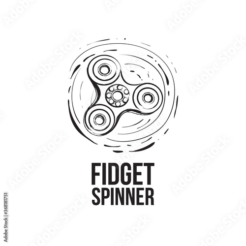 Stylish greeting card with black circle fidget spinner. Vector hand drawn fashion illustration on white background in watercolor style