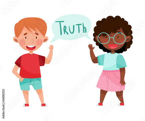 Happy Boy and Girl Characters Telling Truth Vector Illustration