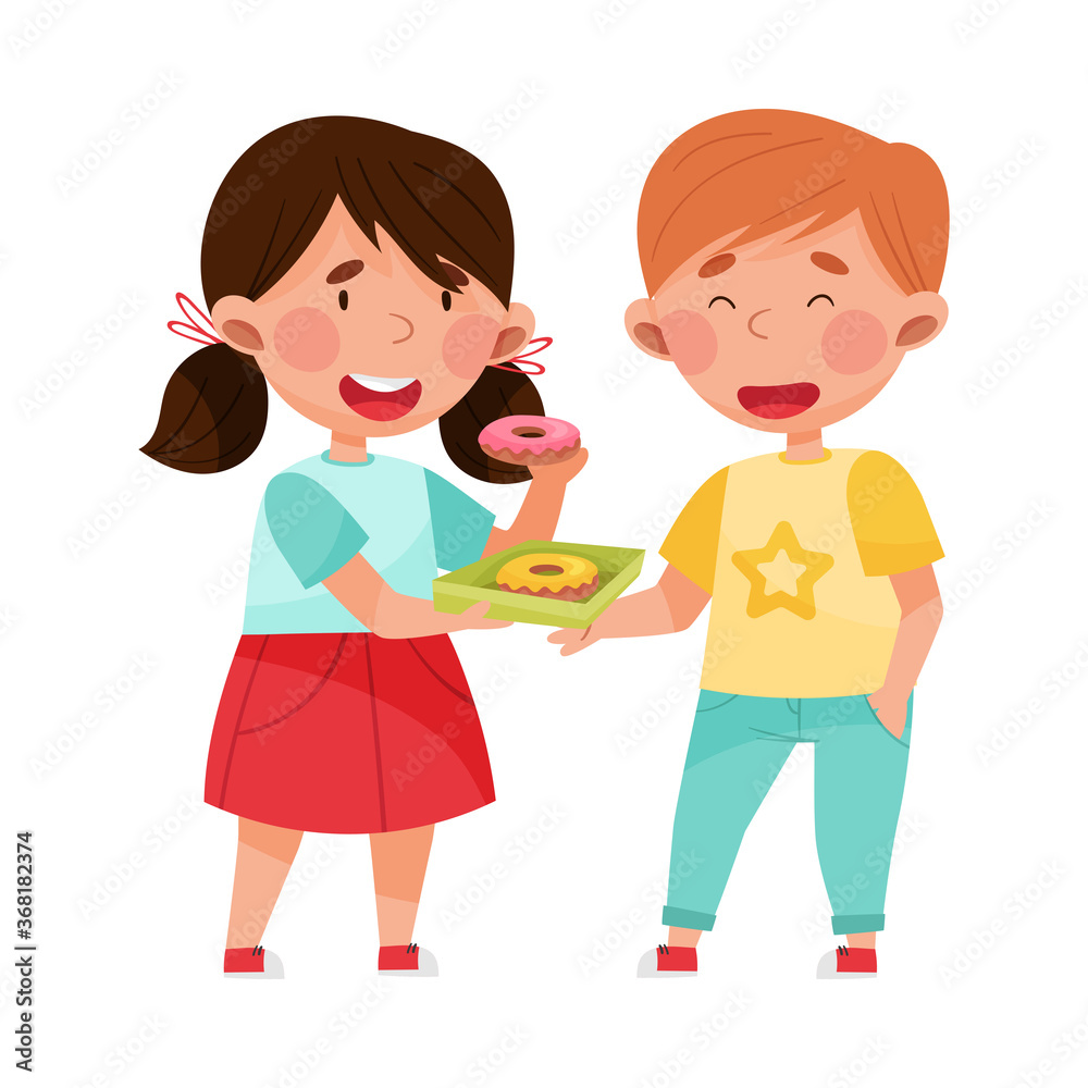 Friendly Girl Character Sharing Doughnut with Her Agemate Boy Vector Illustration Friendly Girl Character Sharing Doughnut with Her Agemate Boy Vector Illustration