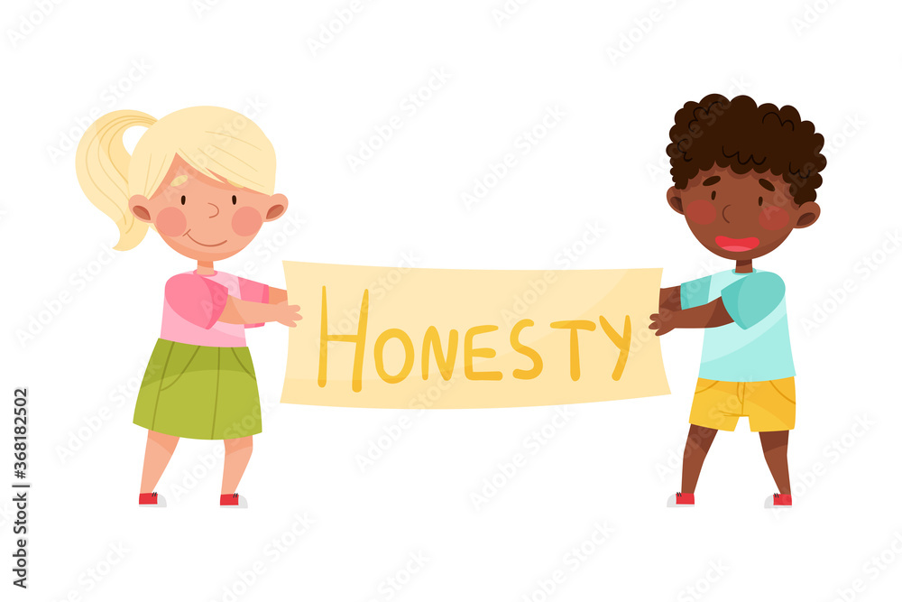 Happy Boy and Girl Characters Holding Justice Placard Vector Illustration Happy Boy and Girl Characters Holding Justice Placard Vector Illustration