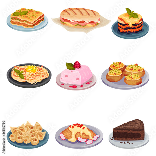 Italian Cuisine Dishes with Lasagna and Panini Vector Set