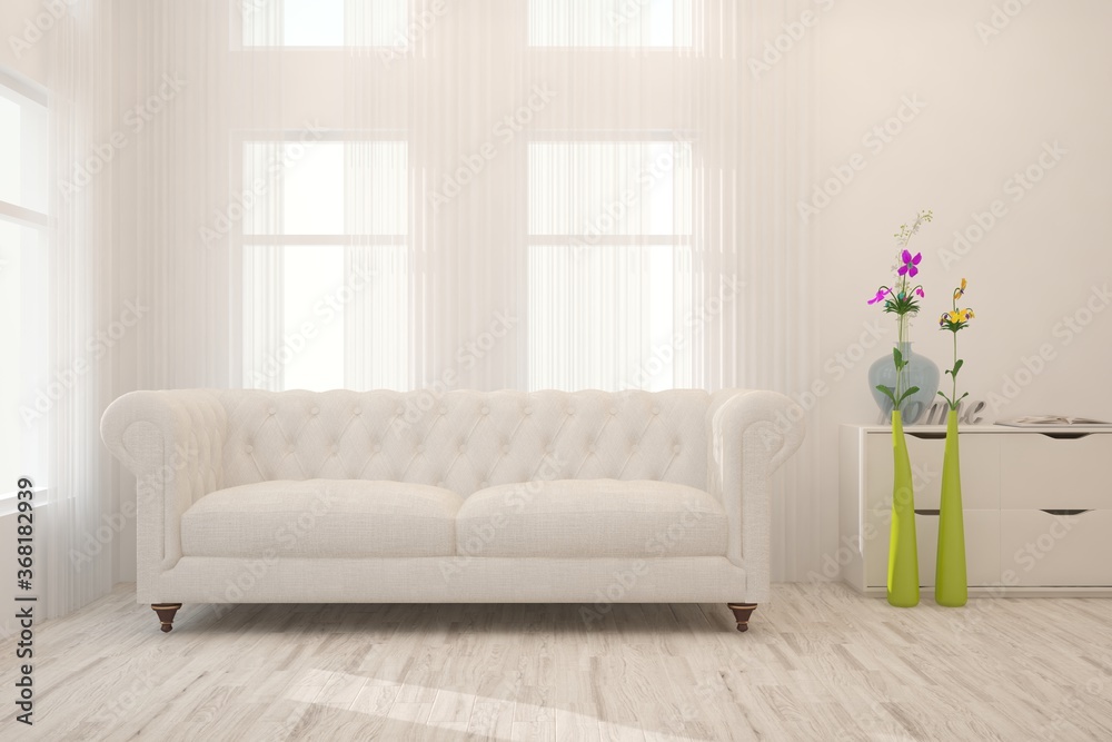 Naklejka premium Idea of white minimalist room with sofa. Scandinavian interior design. 3D illustration