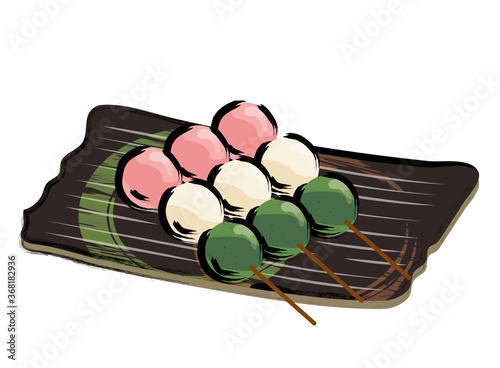 アナログタッチ筆描き手描き　お皿に乗った三色の串団子お団子のイラスト　｜dumpling