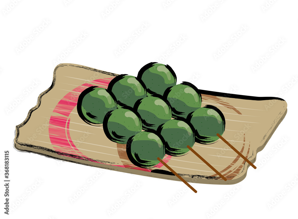 アナログタッチ筆描き手描き お皿に乗った草餅串団子お団子のイラスト Dumpling Stock Vector Adobe Stock