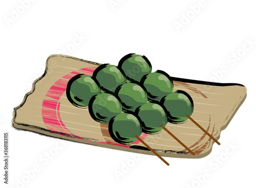 アナログタッチ筆描き手描き　お皿に乗った草餅串団子お団子のイラスト　｜dumpling