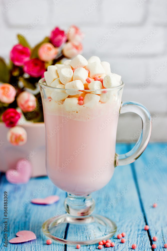 Pink milkshake with chocolate and marshmallow for Valentine's Day Pink milkshake with chocolate and marshmallow for Valentine's Day