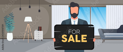 A businessman is holding a wooden sign with the inscription for sale. Young man in business suit holding a wooden sign. The concept of selling an apartment, office or building. Vector.