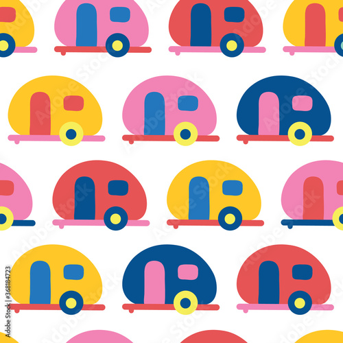 Camper van seamless vector pattern. Retro Caravans red, blue, yellow, pink seamless vector background. Scandinavian flat style.