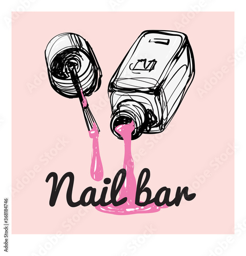 Pink nail bar graphic. Manicure salon positive banner. Fashion illustration. Nail lacquer ads, nail polish, vogue ads for design