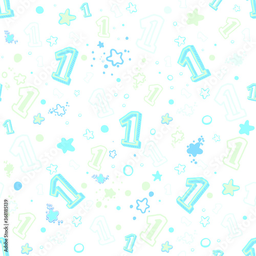 Seamless patterns. Delicate blue numbers, stars on a white background. Endless vector illustration. Used for fabric printing of baby bedding, clothing, packaging, background fill, etc.