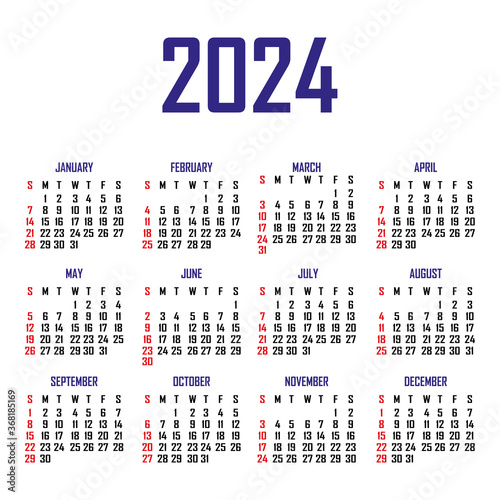 Calendar 2024. The week begins on Sunday. Simple calendar template. Portrait of vertical orientation. Annual organizer of stationery. Vector