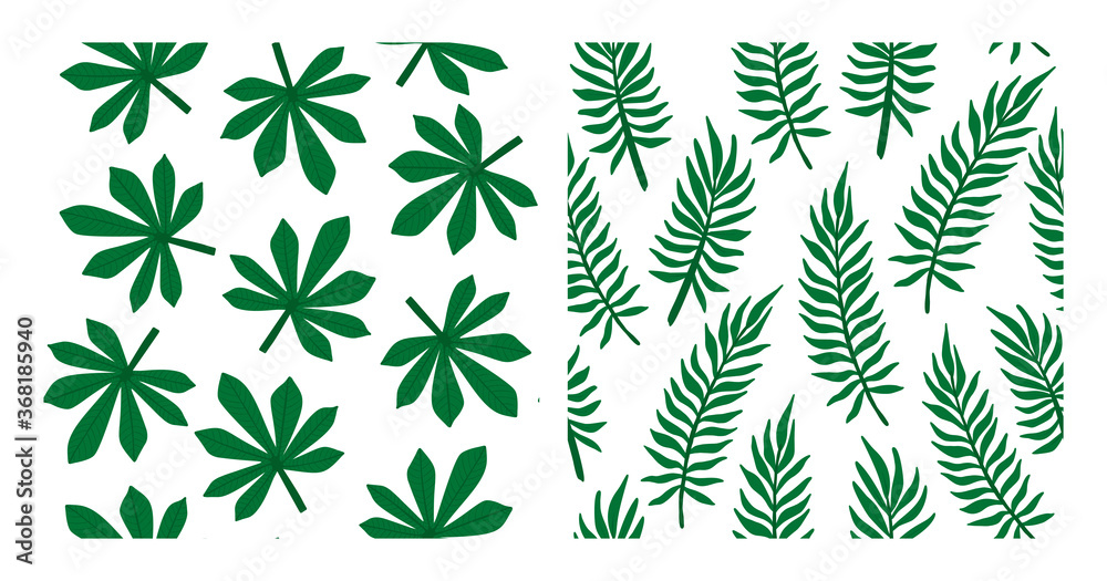 Tropical leaf pattern collection. Set of tropic palm tree leaves seamless patterns. Vector illustration.