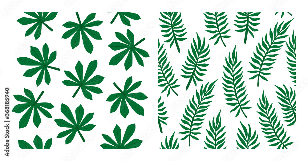 Fototapeta premium Tropical leaf pattern collection. Set of tropic palm tree leaves seamless patterns. Vector illustration.