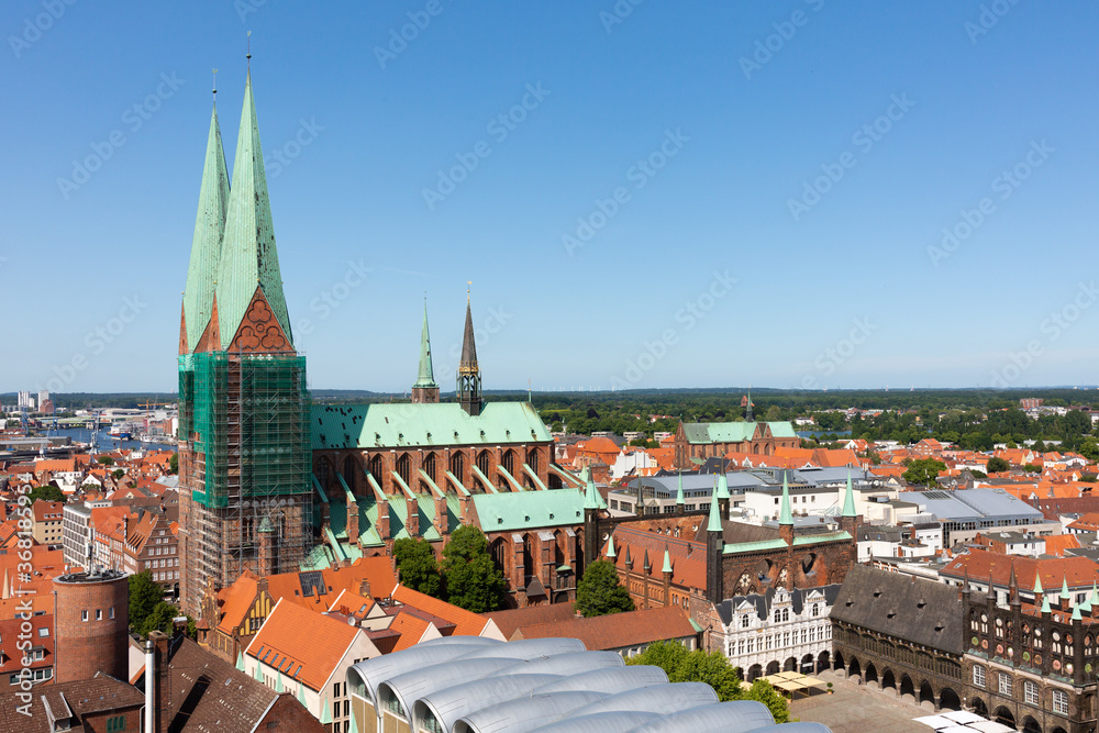 High angle view of the Marienkirche Lübeck. The historic church is an UNESCO World Heritage Site.