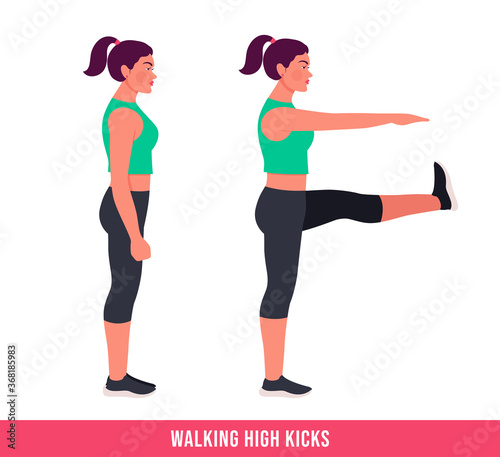 Fototapeta Naklejka Na Ścianę i Meble -  Walking High Kicks exercise, Woman workout fitness, aerobic and exercises. Vector Illustration.