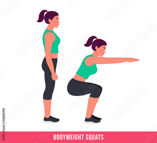 BODYWEIGHT SQUAT exercise, Woman workout fitness, aerobic and exercises. Vector Illustration.