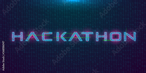 Hackathon HUD hologram cyberpunk style banner. Neon tech Hackathon glitch inscription on dark background. Design element for event advertising, shares, promotion. Vector