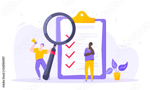 Task done business concept tiny person with megaphone, magnifying glass nearby giant clipboard complete checklist and check mark ticks flat style design vector illustration isolated white background.