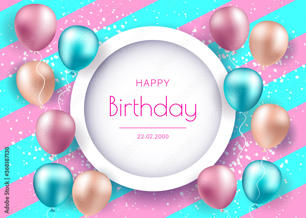 Birthday banner with realistic balloons. Celebration birthday party invitation background with greetings and colorful balloons and birthday elements