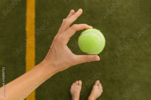  Yellow tennis ball in hand on the background of a grassy tennis court. Doing ok sign with hand and fingers. Successful expression.