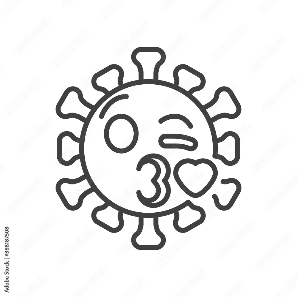 Virus face blowing a kiss emoji line icon. linear style sign for mobile concept and web design. Coronavirus emoticon kiss outline vector icon. Symbol, logo illustration. Vector graphics Virus face blowing a kiss emoji line icon. linear style sign for mobile concept and web design. Coronavirus emoticon kiss outline vector icon. Symbol, logo illustration. Vector graphics