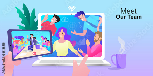 vector employee talk on video call on laptop with diverse colleagues. video conferencing at home man and woman having video call meeting with clients at home.