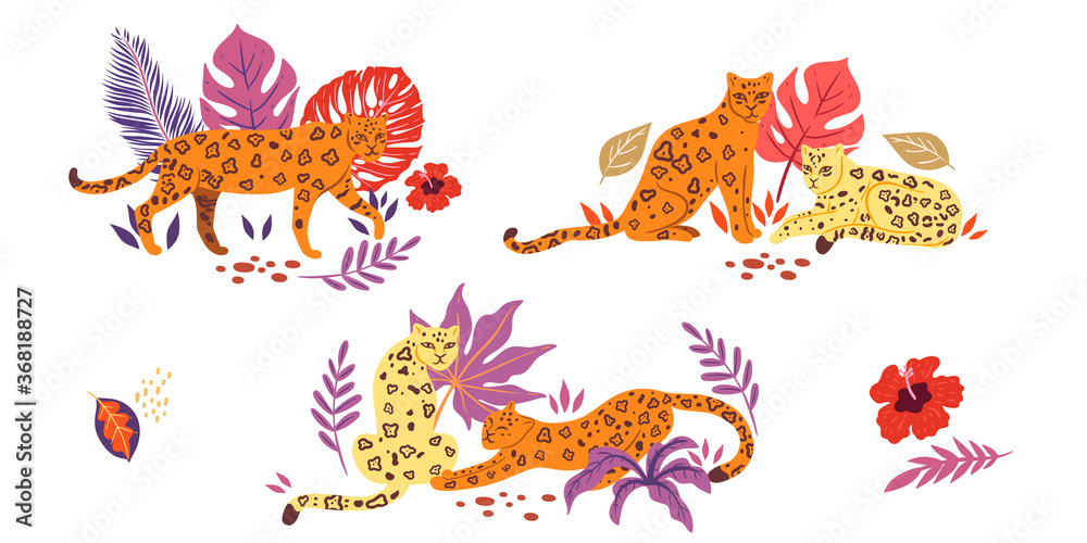 Collection of leopards and tropical leaves isolated on white background. Vector graphics. Collection of leopards and tropical leaves isolated on white background. Vector graphics.
