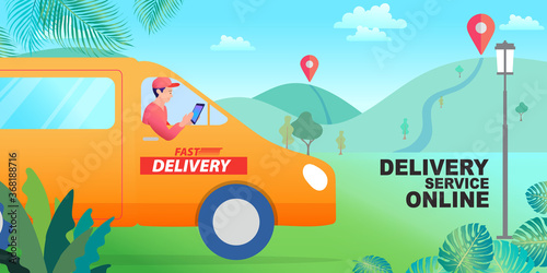 Delivery driver in orange van using phone on winding nature road with location pins. Concept of rural logistics service, remote area shipping, online order tracking, and last mile transportation.