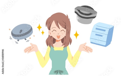 便利な家電を使って喜ぶ主婦のイラスト