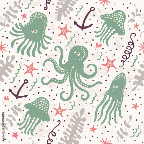 Seamless pattern with squid, octopus, jellyfish and anchors. Marine theme.