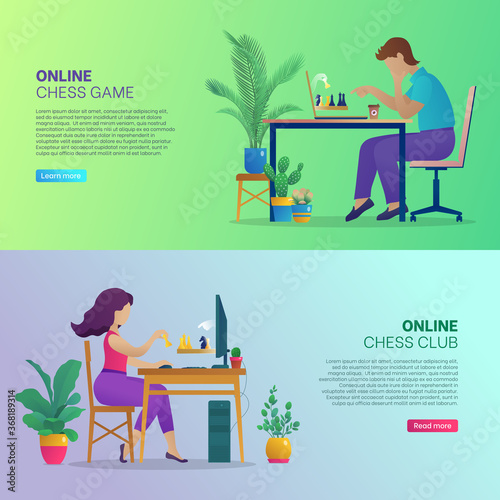 Online chess game club banners set. People sitting in front of computers playing strategic game during self-isolation. Online chess tournament, landing page website or app. Flat vector illustration