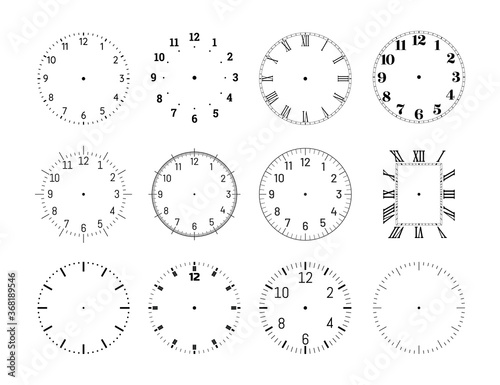 Mechanical clock face dials template set. Classic clocks and watches with arabic and roman numerals for your own design vector illustration isolated on white background