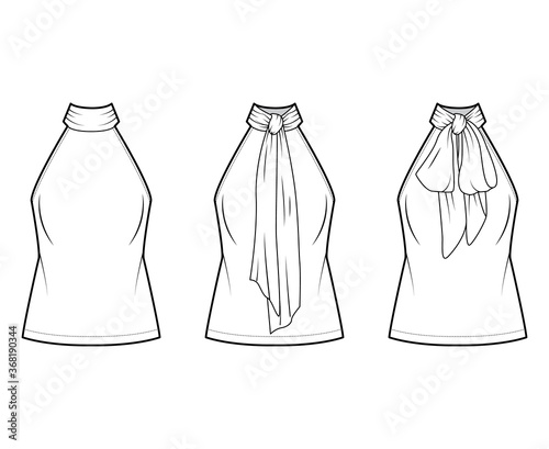 Halterneck top technical fashion illustration with semi-fitted body, ties pussy-bow at neck, sleeveless. Flat blouse apparel template front, back, white color. Women, men unisex shirt CAD mockup