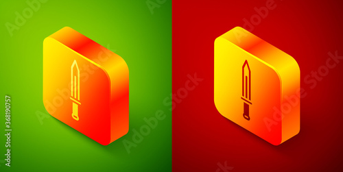 Isometric Medieval sword icon isolated on green and red background. Medieval weapon. Square button. Vector.