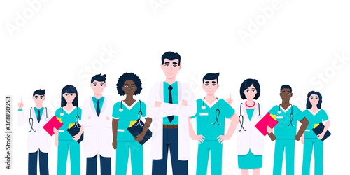 Successful doctors team of medical employee vector illustration isolated on white background. Hospital or medic clinic staff doctor, surgeon, nurse standing up with equipment.