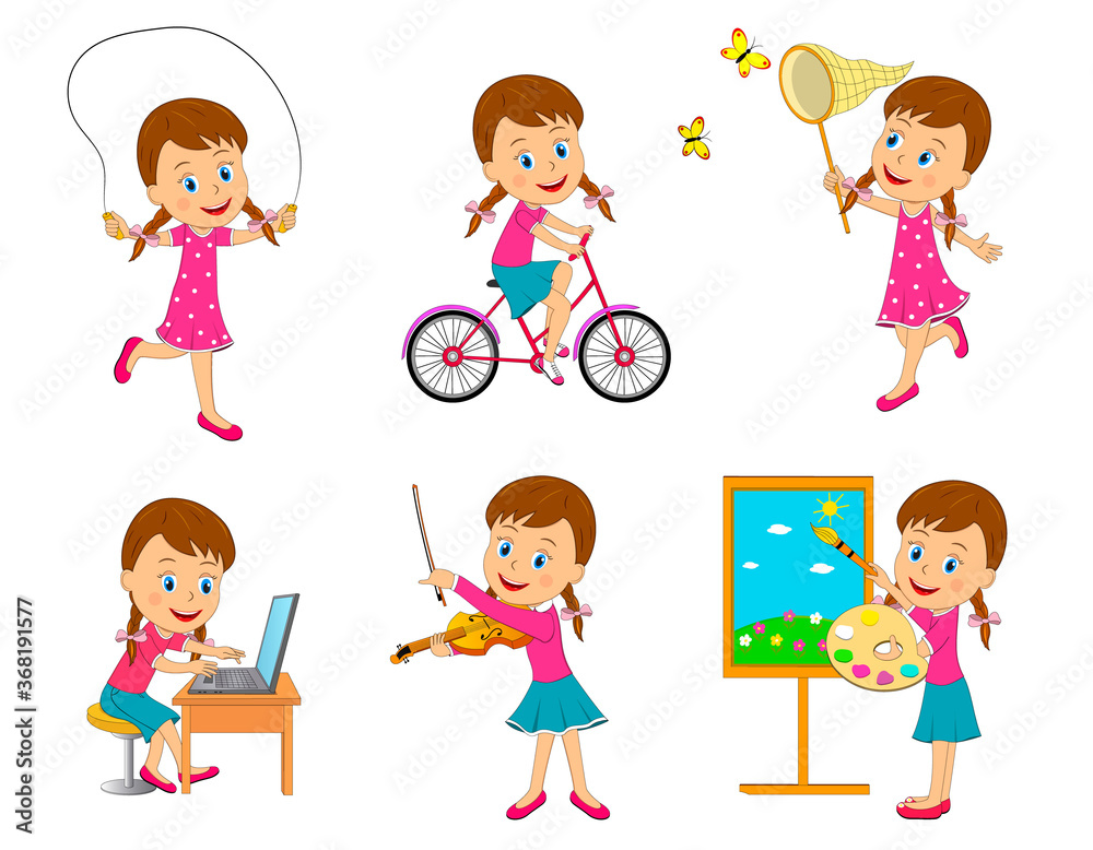 cartoon girl different activity,illustration,vector cartoon girl different activity,illustration,vector