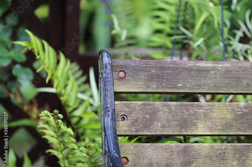 庭のレトロなベンチの背もたれ Backrest of a bench in the garden.