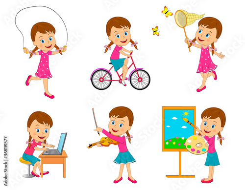  cartoon girl different activity,illustration,vector