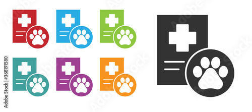 Black Clipboard with medical clinical record pet icon isolated on white background. Health insurance form. Medical check marks report. Set icons colorful. Vector.