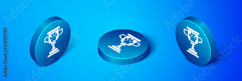 Isometric Pet award symbol icon isolated on blue background. Medal with dog footprint as pets exhibition winner concept. Blue circle button. Vector.