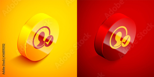 Isometric Create account screen icon isolated on orange and red background. Circle button. Vector. © Kostiantyn