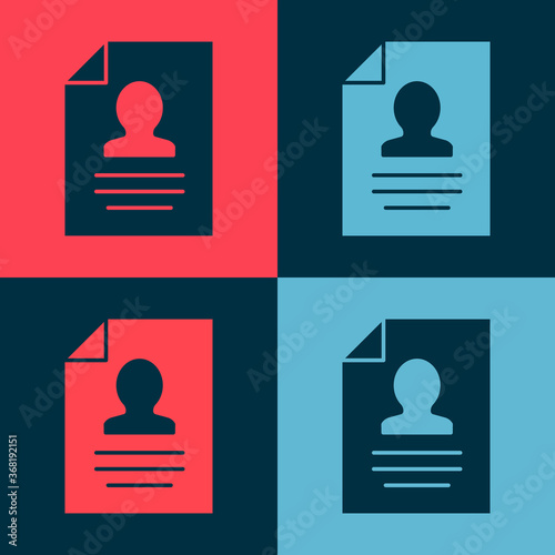Pop art Resume icon isolated on color background. CV application. Searching professional staff. Analyzing personnel resume. Vector.