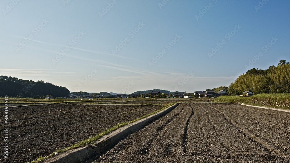Dusk in a rural Japanese town, the countryside not yet planted