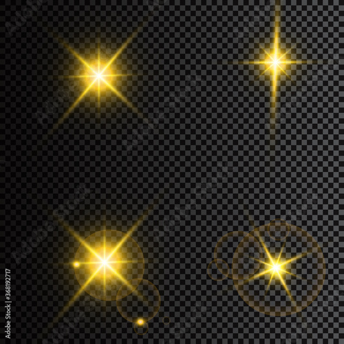 Vector illustration of abstract flare light rays. A set of stars, light and radiance, rays and brightness. Glow light effect. Vector illustration. Christmas flash Concept