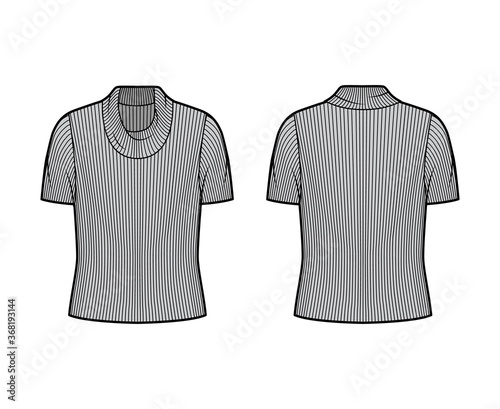 Ribbed cowl turtleneck knit sweater technical fashion illustration with short rib sleeves, oversized body. Flat outwear apparel template front, back grey color. Women, men unisex shirt top CAD mockup