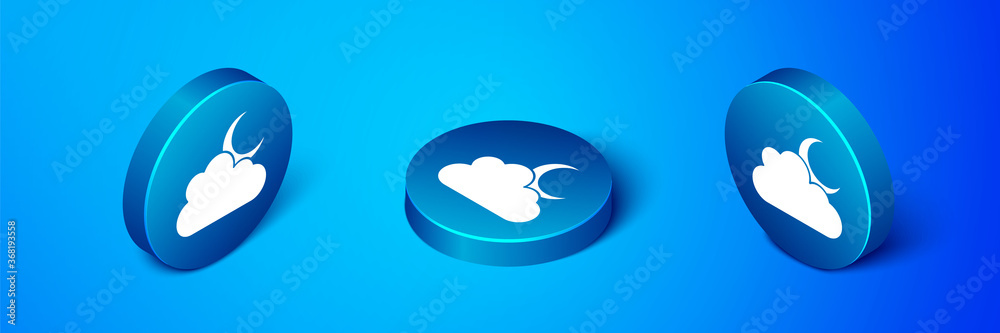 Isometric Cloud with moon icon isolated on blue background. Cloudy night sign. Sleep dreams symbol. Night or bed time sign. Blue circle button. Vector. Isometric Cloud with moon icon isolated on blue background. Cloudy night sign. Sleep dreams symbol. Night or bed time sign. Blue circle button. Vector.
