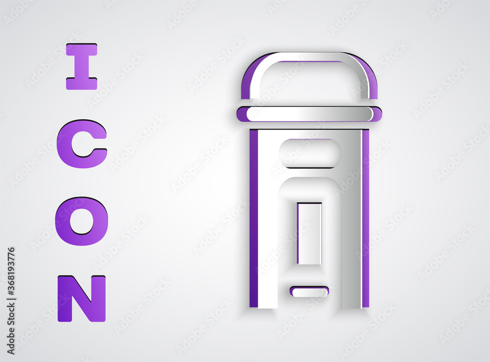 Paper cut London phone booth icon isolated on grey background. Classic english booth phone in london. English telephone street box. Paper art style. Vector. Paper cut London phone booth icon isolated on grey background. Classic english booth phone in london. English telephone street box. Paper art style. Vector.