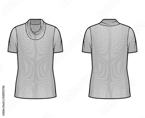 Ribbed cowl turtleneck knit sweater technical fashion illustration with short rib sleeves, oversized body tunic length. Flat outwear apparel template front back white color. Women men unisex shirt top
